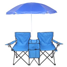 Double Folding Picnic Chairs w/Umbrella Mini Table Beverage Holder Carrying Bag for Beach Patio Pool Park Outdoor Portable Camping Chair (Blue)